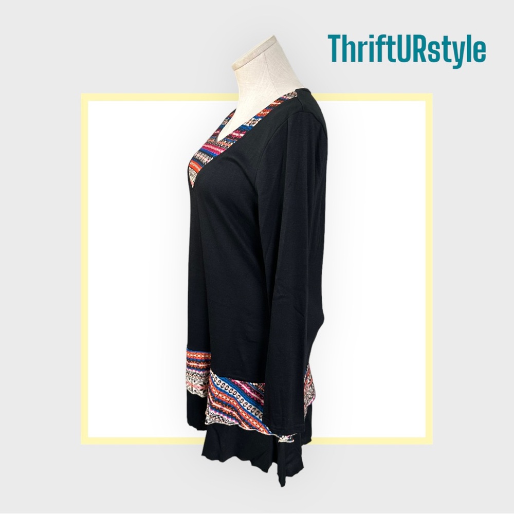 Womens Black Southwestern Geometric‎ Trim Long Sleeve Tunic Ruffle Hem Top Dress - Picture 3 of 5